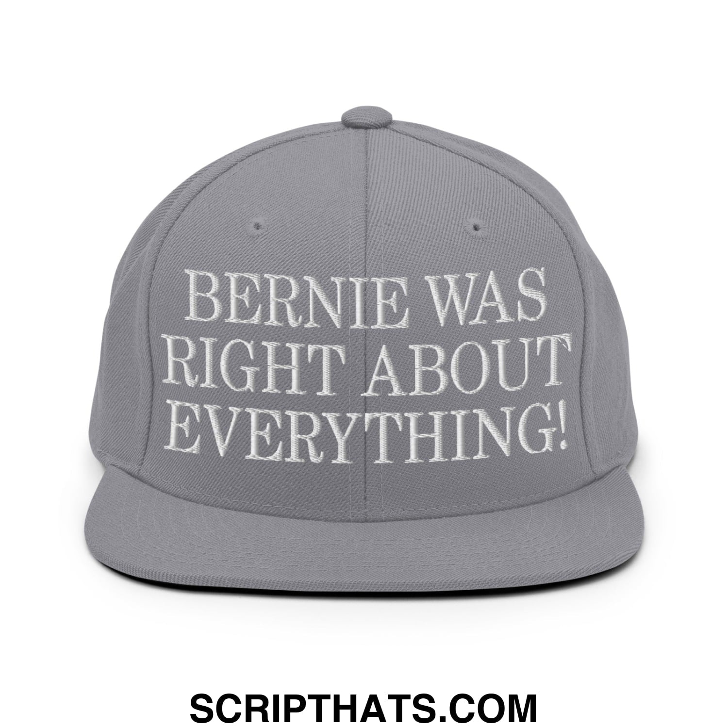 Gray flat bill snapback hat with white embroidered bernie was right about everything text on the front