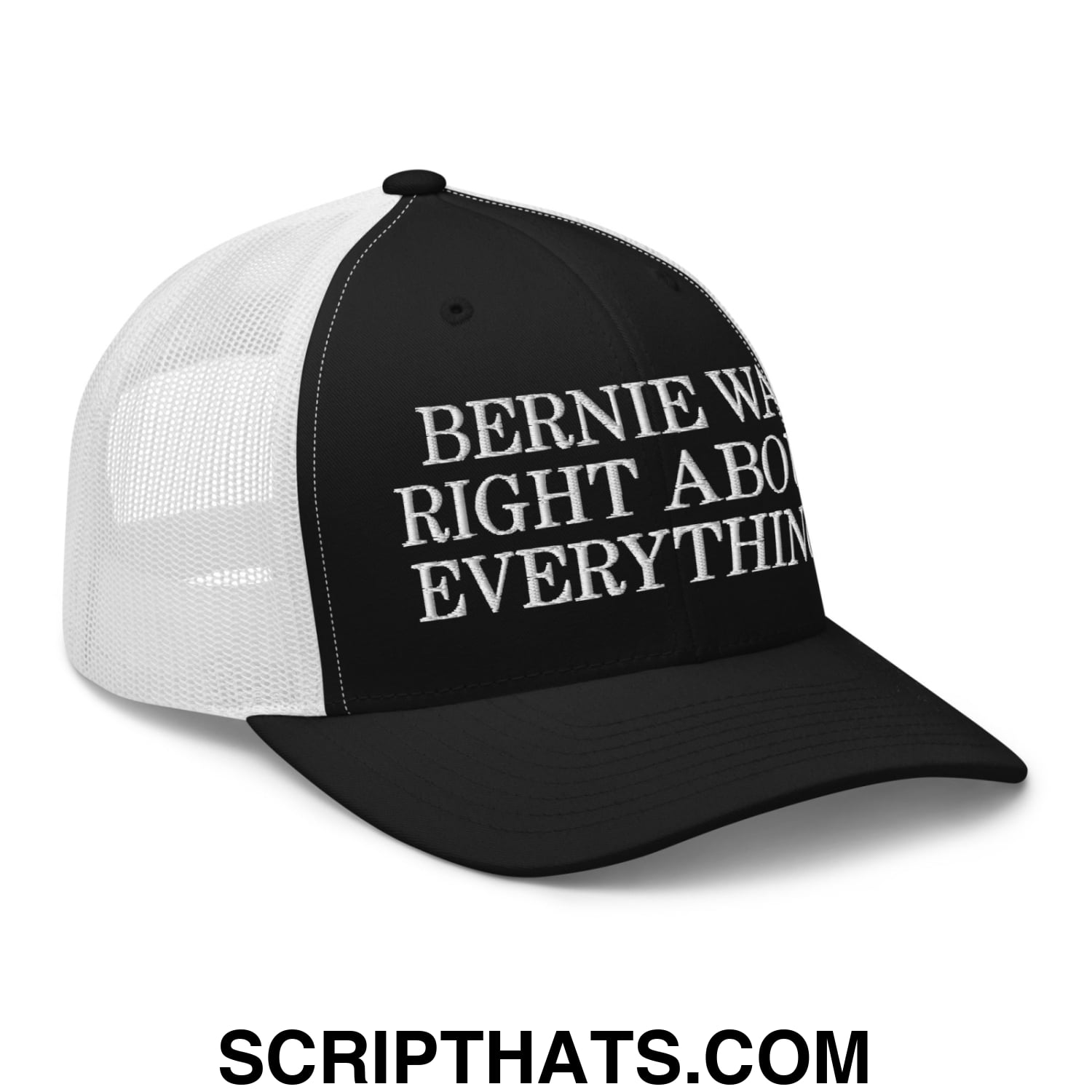 Bernie Was Right About Everything! Embroidered Mesh Trucker Hat Black White