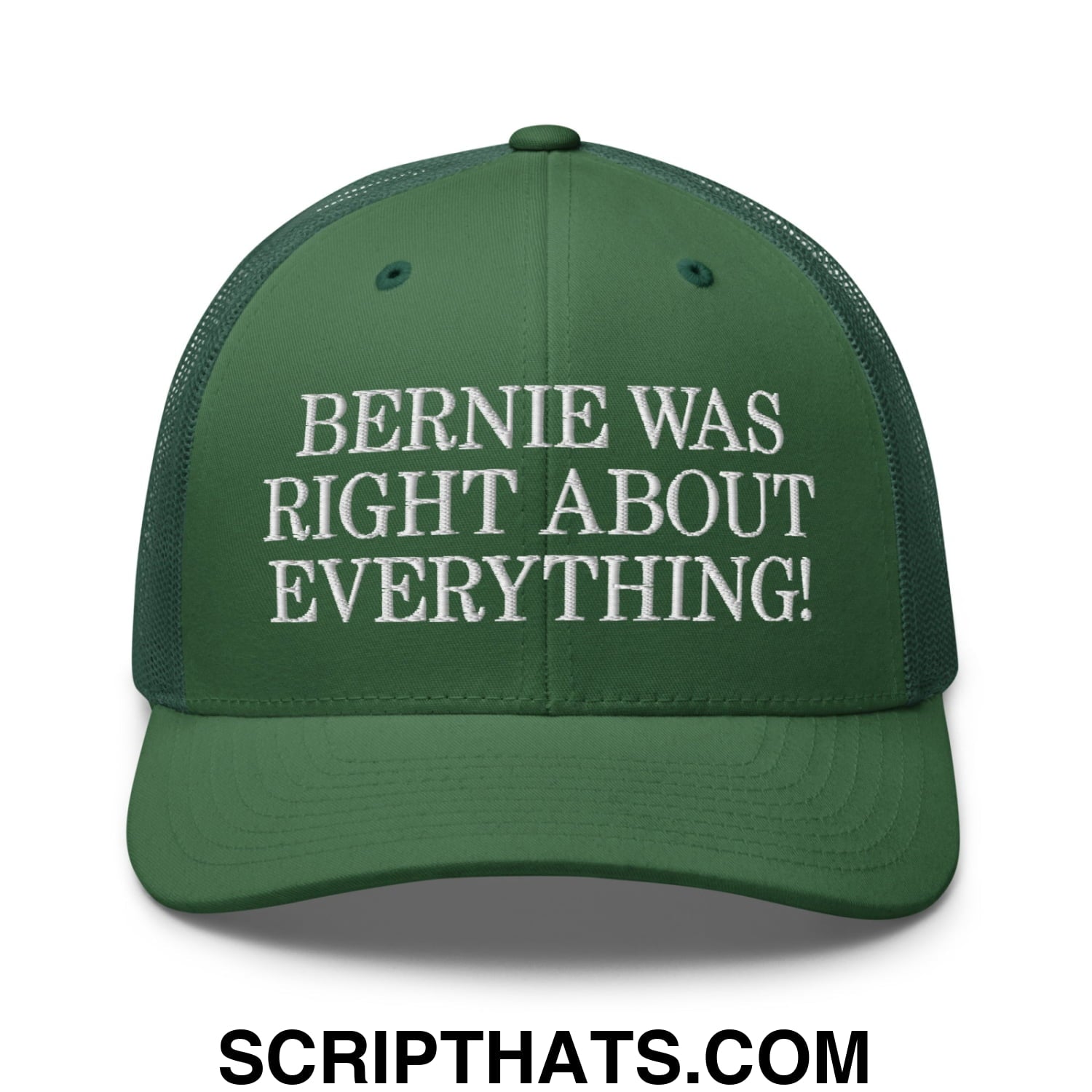 Bernie Was Right About Everything! Embroidered Mesh Trucker Hat Evergreen