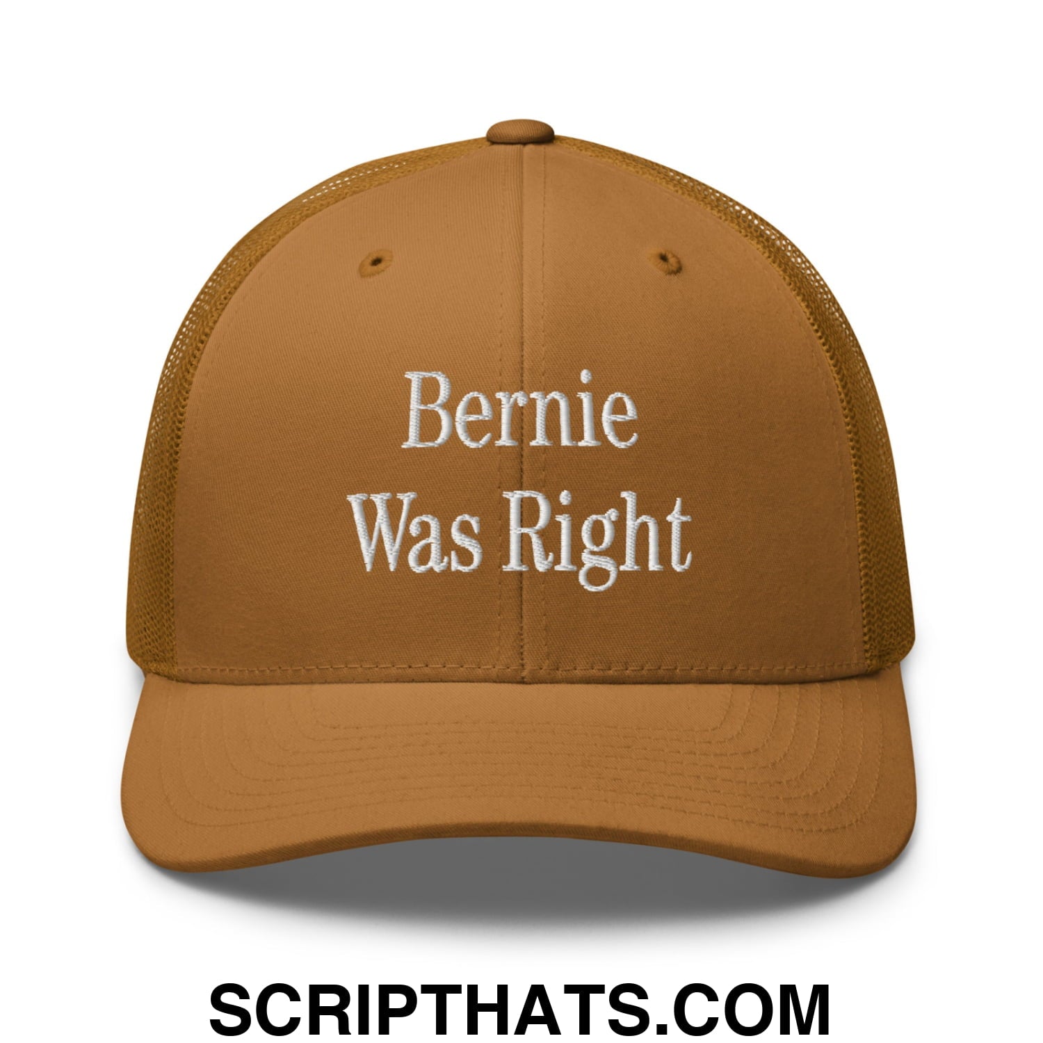 Bernie Was Right Embroidered Mesh Trucker Hat Caramel