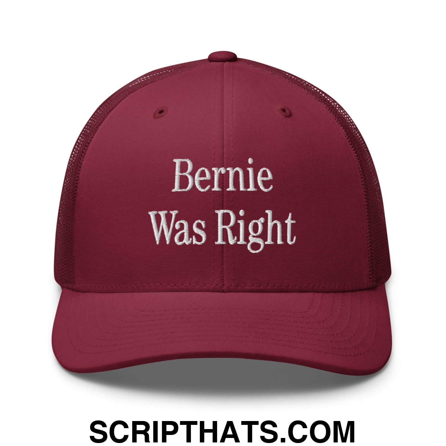 Bernie Was Right Embroidered Mesh Trucker Hat Cranberry