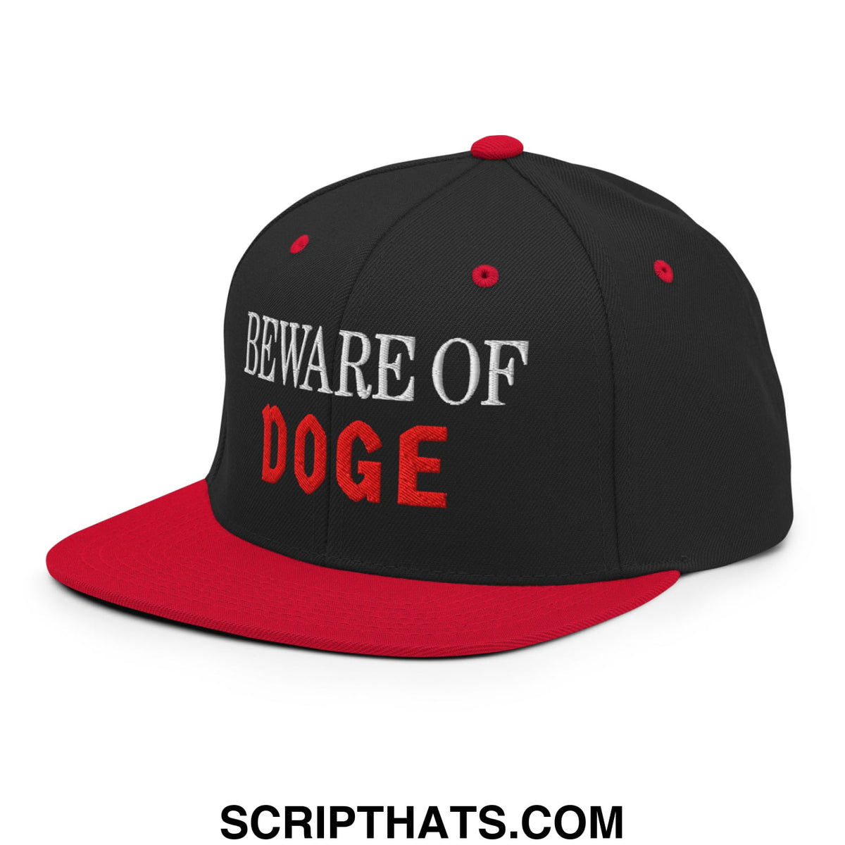 Black and red snapback cap with beware of doge embroidered in white and red flat bill brim hat