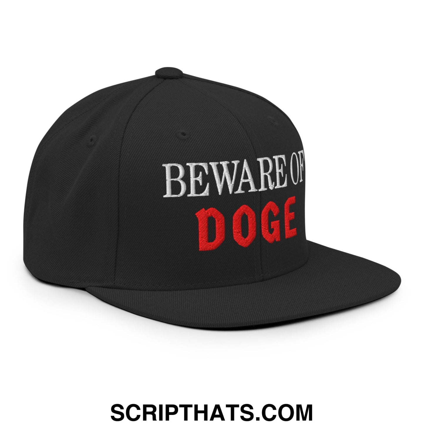 Black snapback cap with beware of doge embroidered in white and red thread on flat bill brim