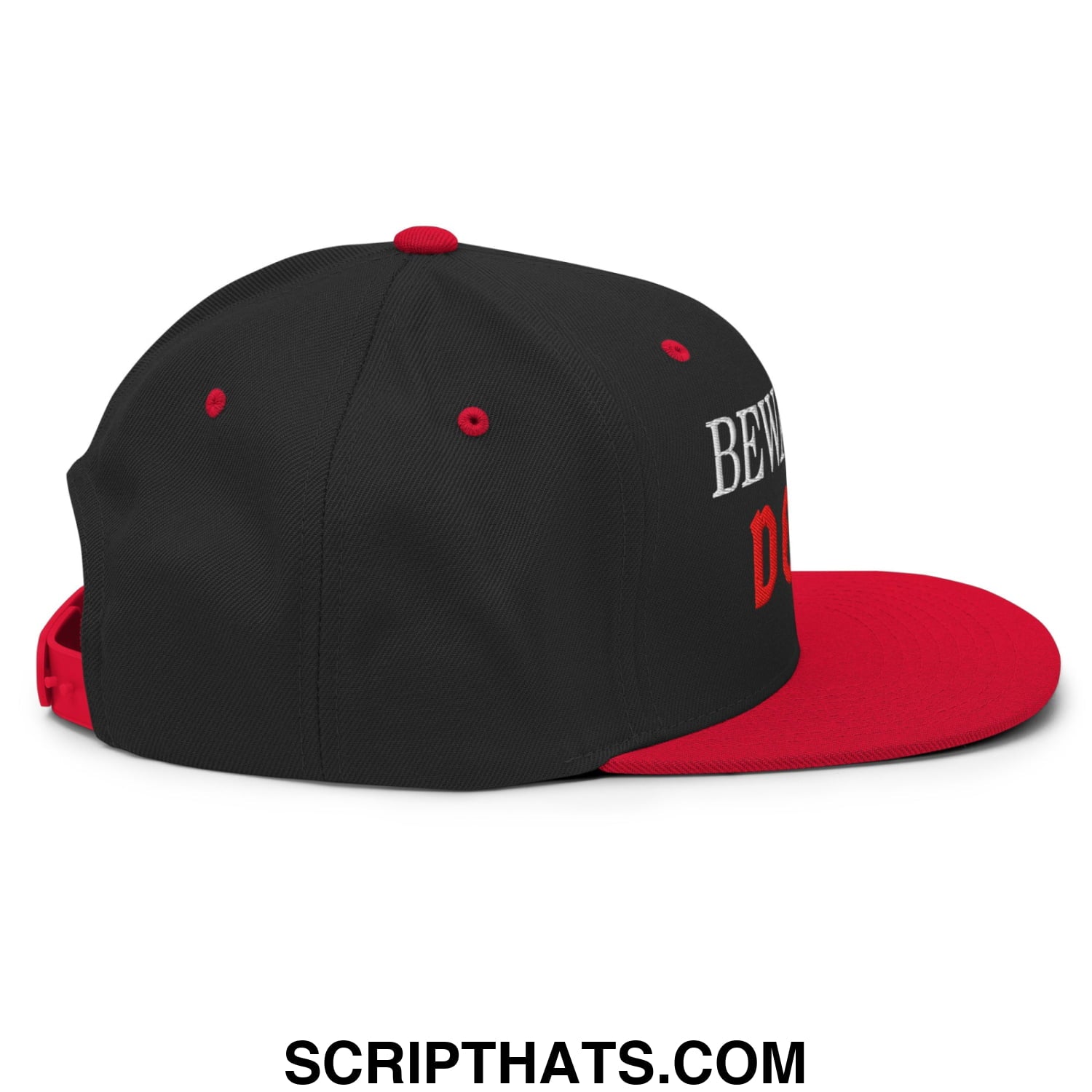 Black and red snapback hat with white embroidered beware of DOGE lettering and flat bill brim