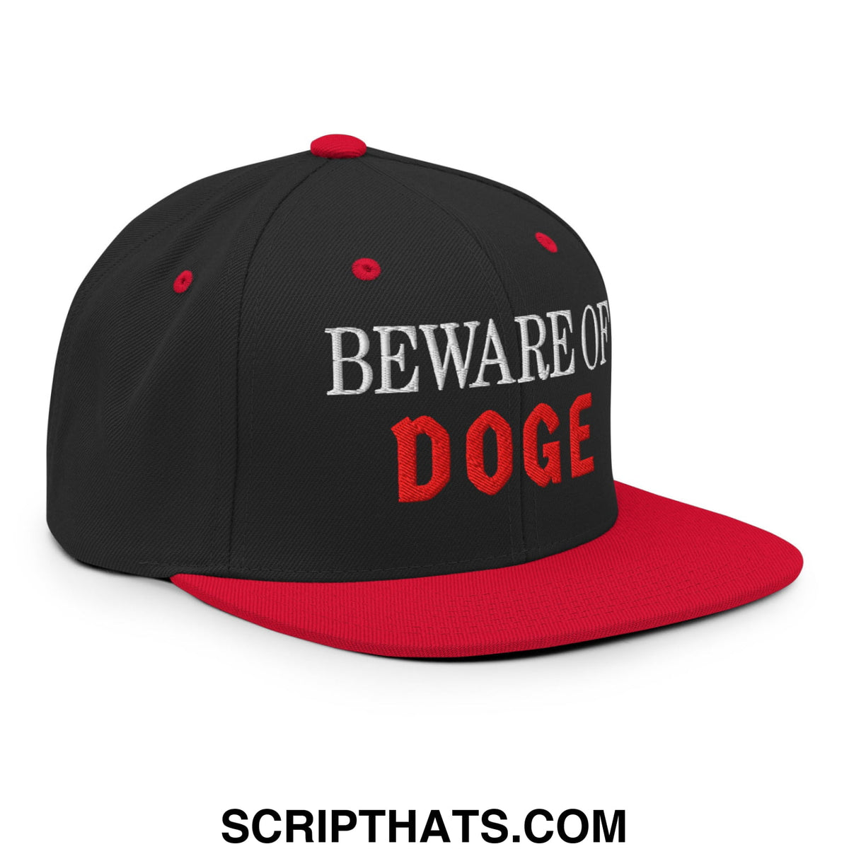 Black and red snapback hat with beware of doge embroidered in white and red flat bill brim design