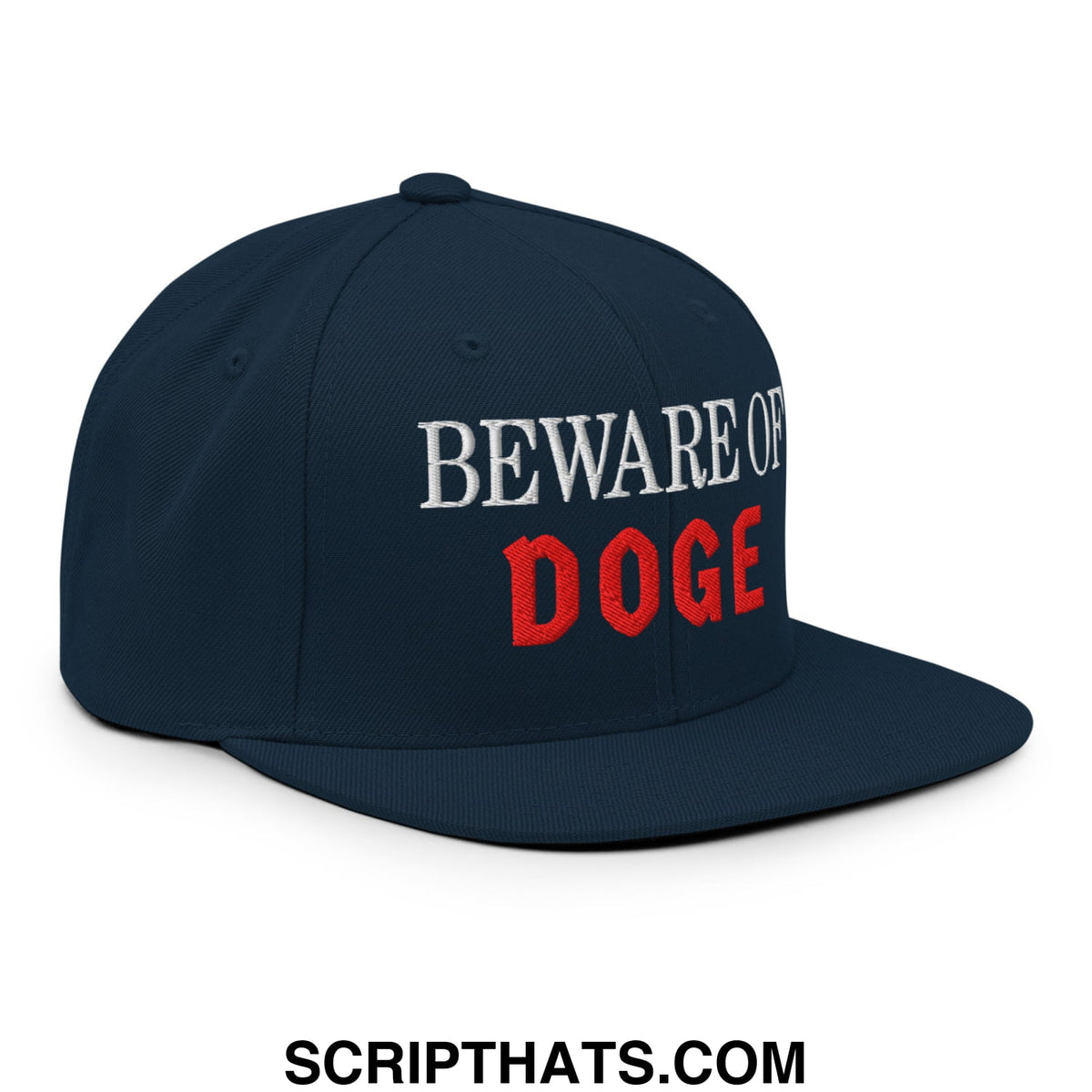 Navy blue snapback hat with beware of doge embroidered in white and red on flat bill brim for casual wear