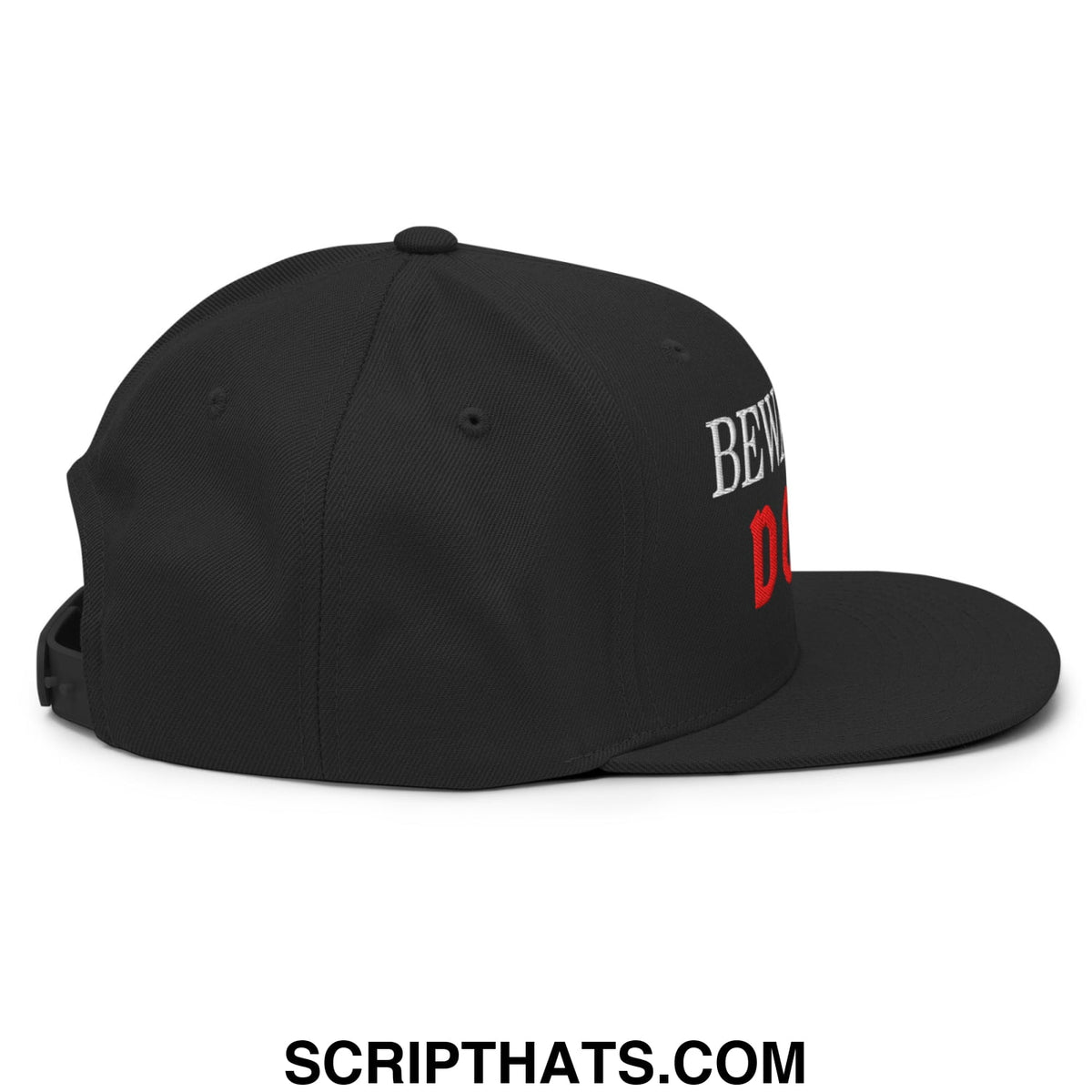 Black snapback hat with embroidered beware in white and red lettering flat bill brim from beware of doge collection