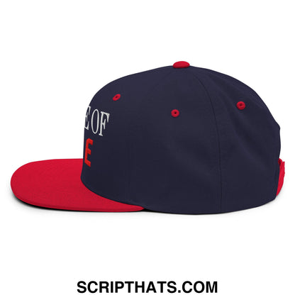 Navy blue and red snapback hat with white embroidered beware of DOGE text and flat bill brim design