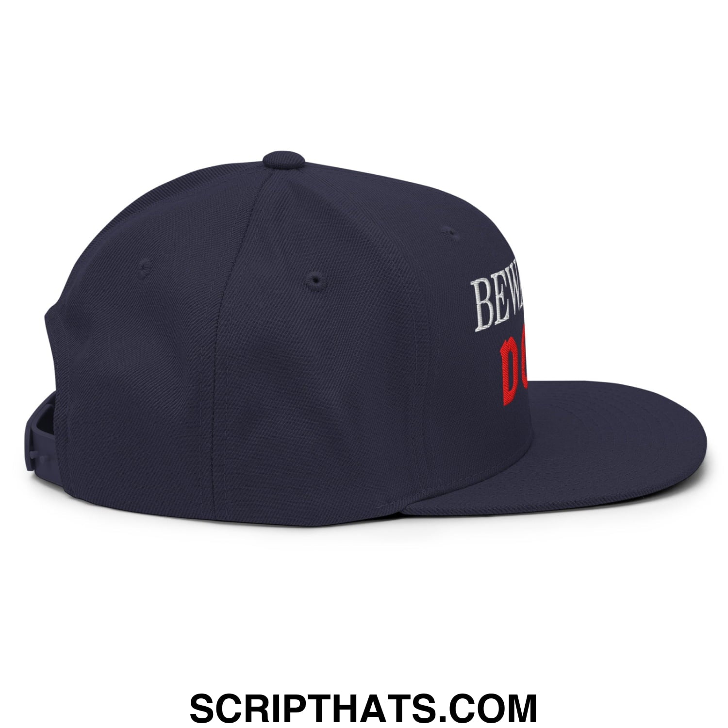 Navy blue snapback hat with flat bill brim and white red embroidered beware of doge text on the side