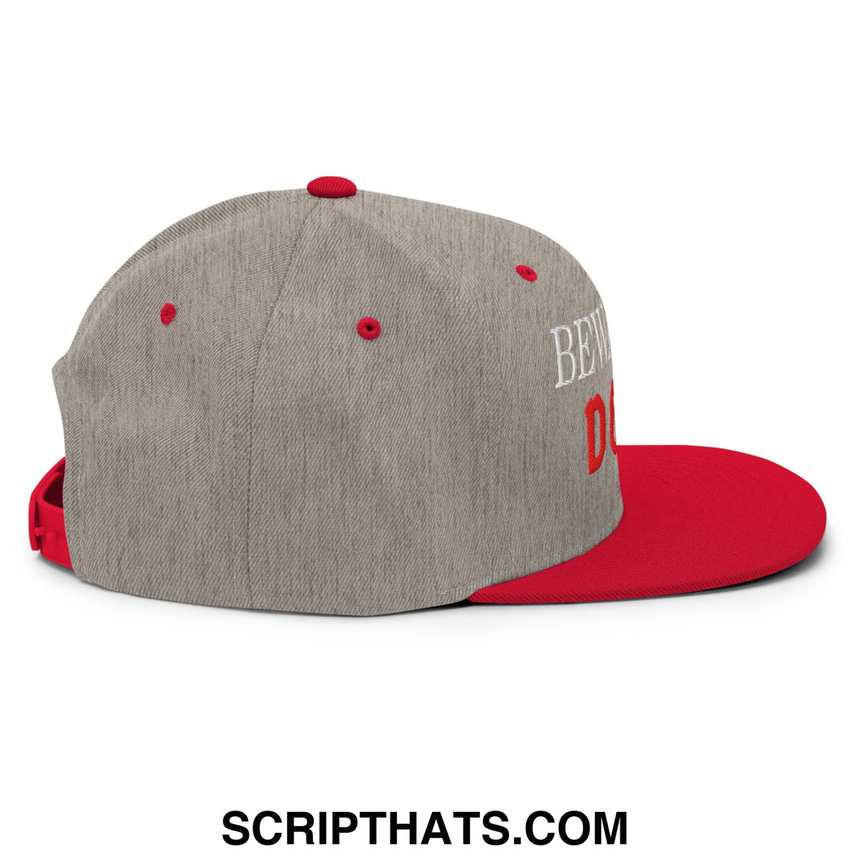 Gray and red Beware of DOGE snapback hat with heathered fabric crown, solid red brim, and white embroidered side lettering