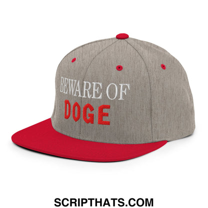 Gray and red snapback hat with beware of doge embroidered in white and red thread on the front flat bill brim