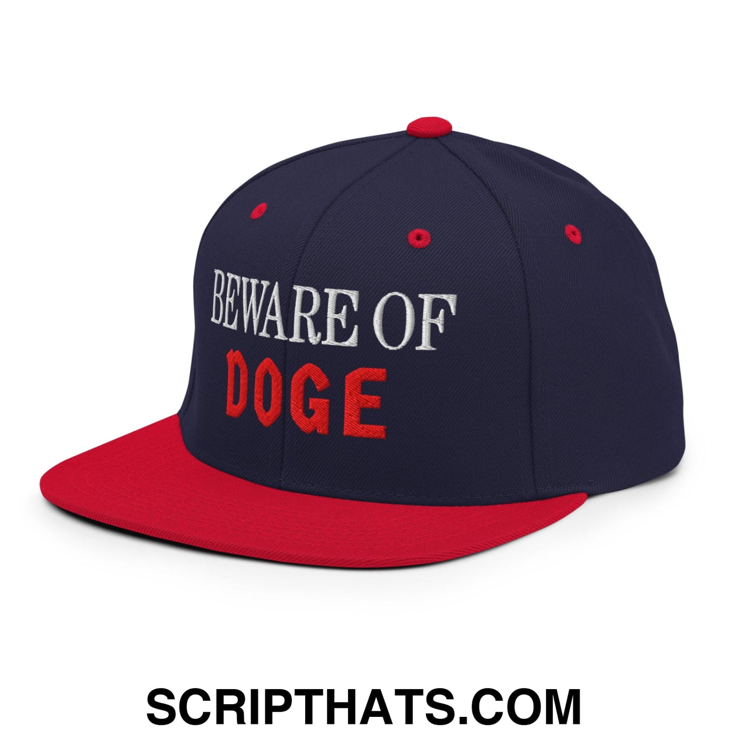 Beware of DOGE Embroidered Flat Bill Brim Snapback Hat Navy Red