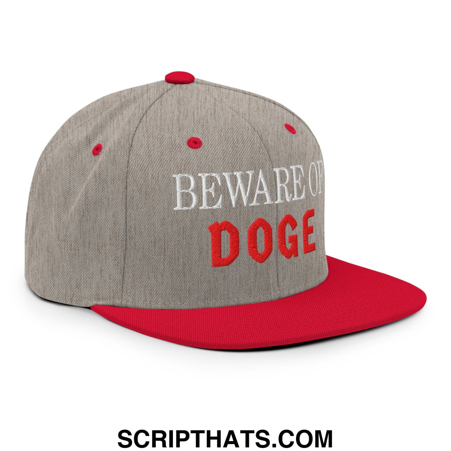 Gray and red snapback hat with flat bill brim embroidered with beware of doge in white and red lettering