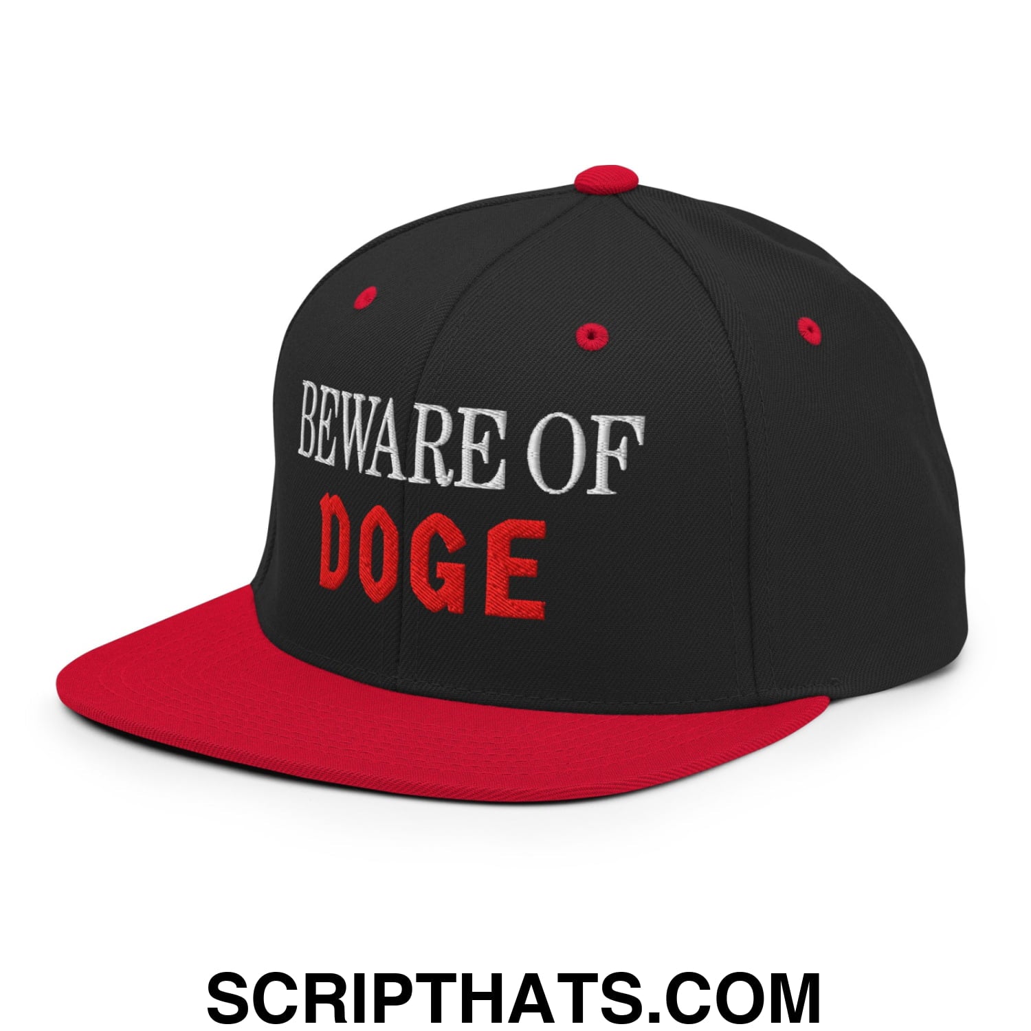 Beware of DOGE Embroidered Flat Bill Brim Snapback Hat Black Red