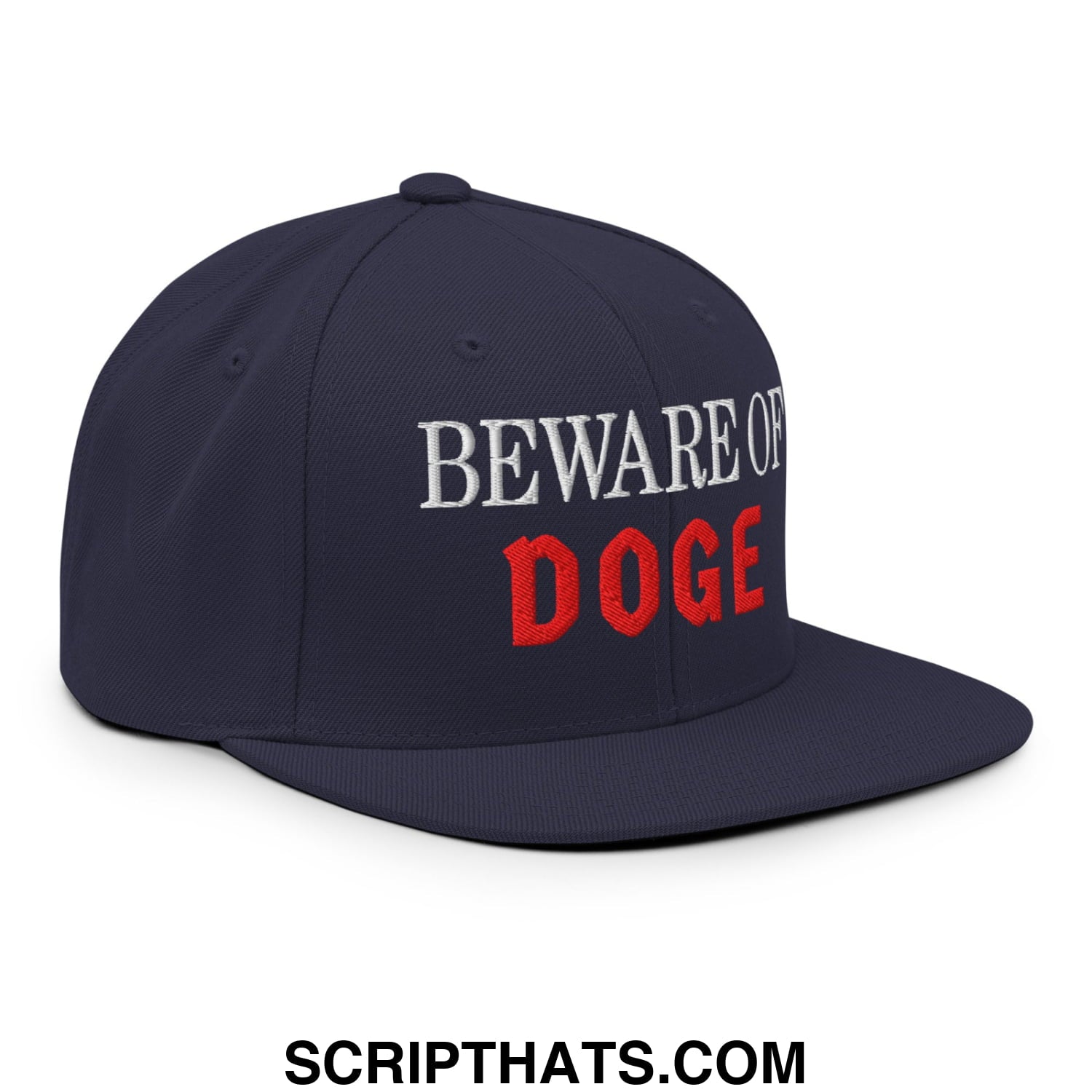 Navy blue flat bill brim snapback hat with beware of doge embroidered in white and red thread