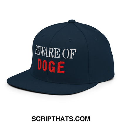 Navy blue snapback hat with beware of doge embroidered in white and red thread on flat bill brim