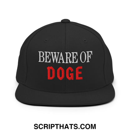 Black snapback hat with beware of doge embroidered in white and red thread on flat bill brim
