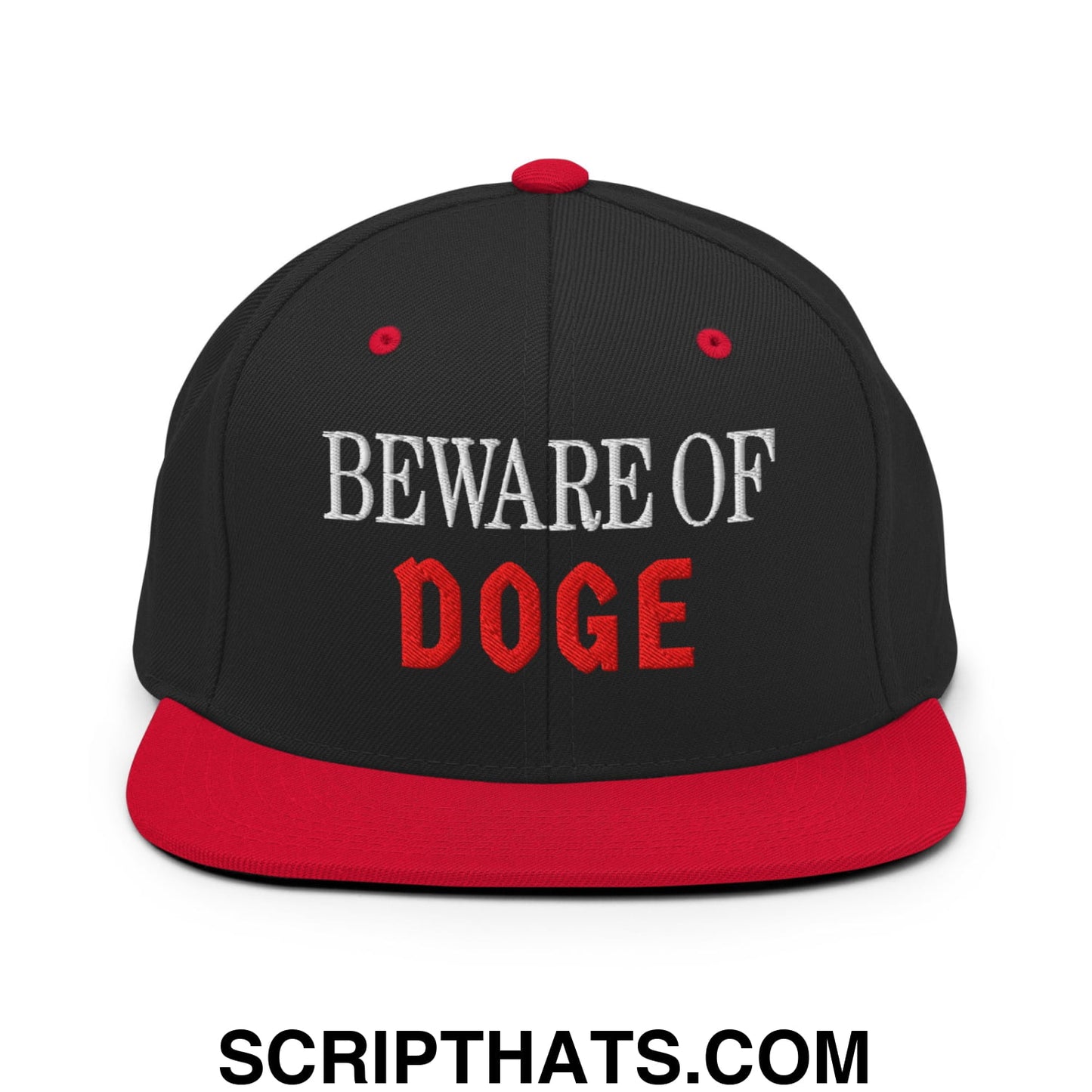 Beware of DOGE Embroidered Flat Bill Brim Snapback Hat Black Red
