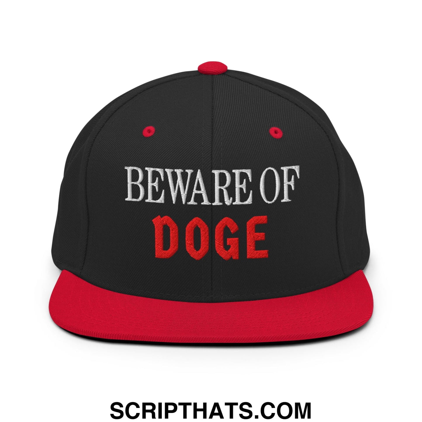 Black and red snapback hat with beware of doge embroidered in white and red thread on flat bill brim
