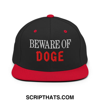 Black and red snapback hat with beware of doge embroidered in white and red thread on flat bill brim