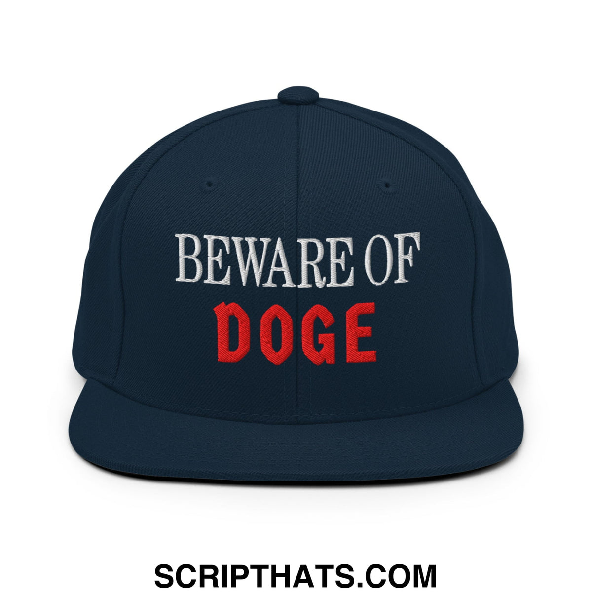 Navy blue snapback hat with beware of doge embroidered in white and red flat bill brim design
