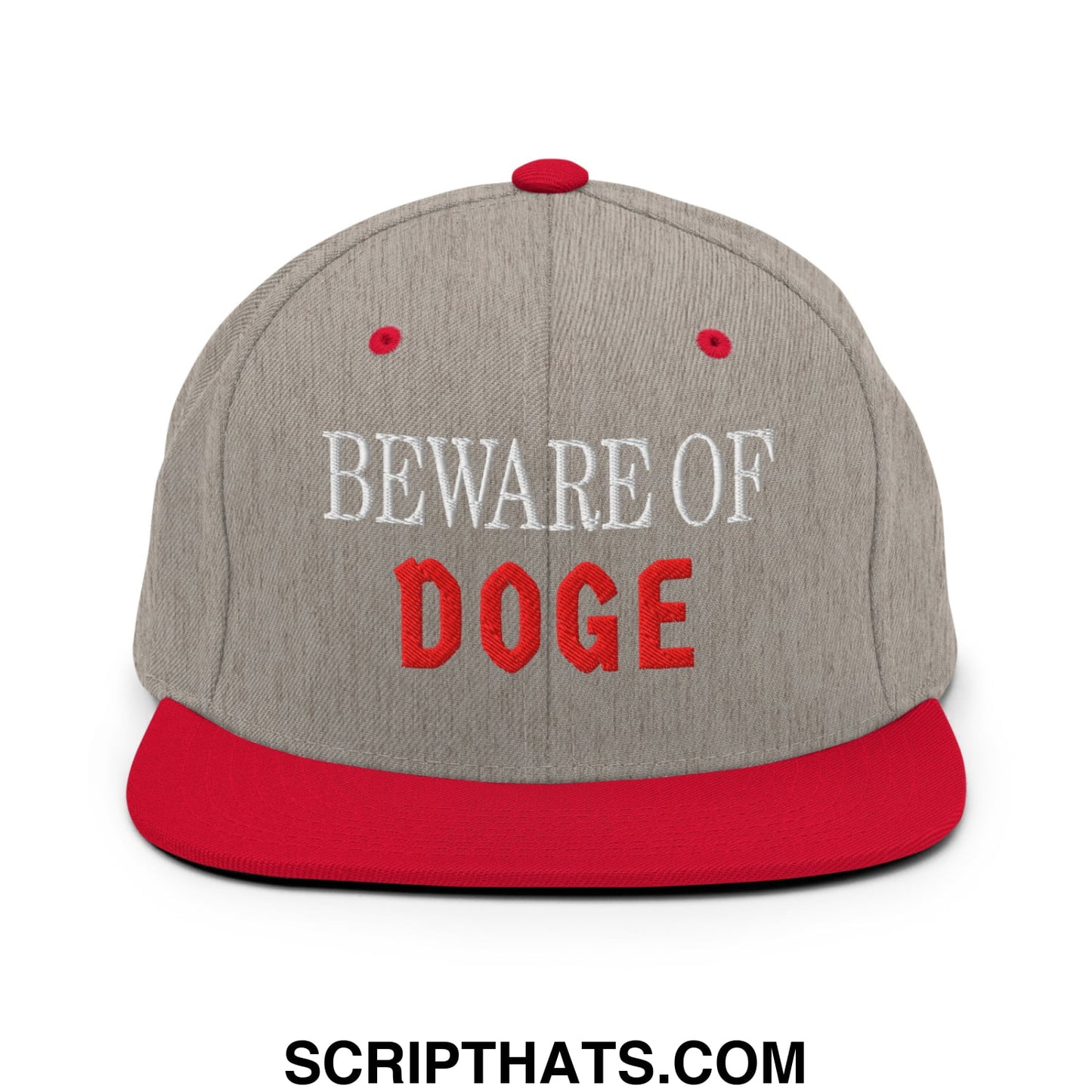 Gray and red snapback hat with beware of doge embroidered in white and red thread on a flat bill brim