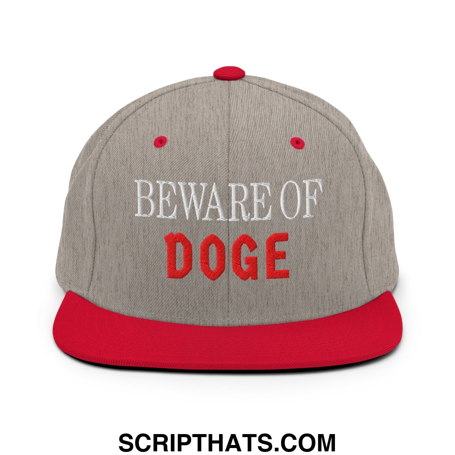 Gray and red snapback hat with beware of doge embroidered in white and red thread on a flat bill brim