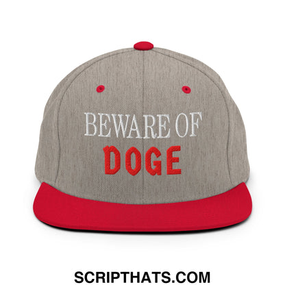 Gray and red snapback hat with beware of doge embroidered in white and red thread on a flat bill brim