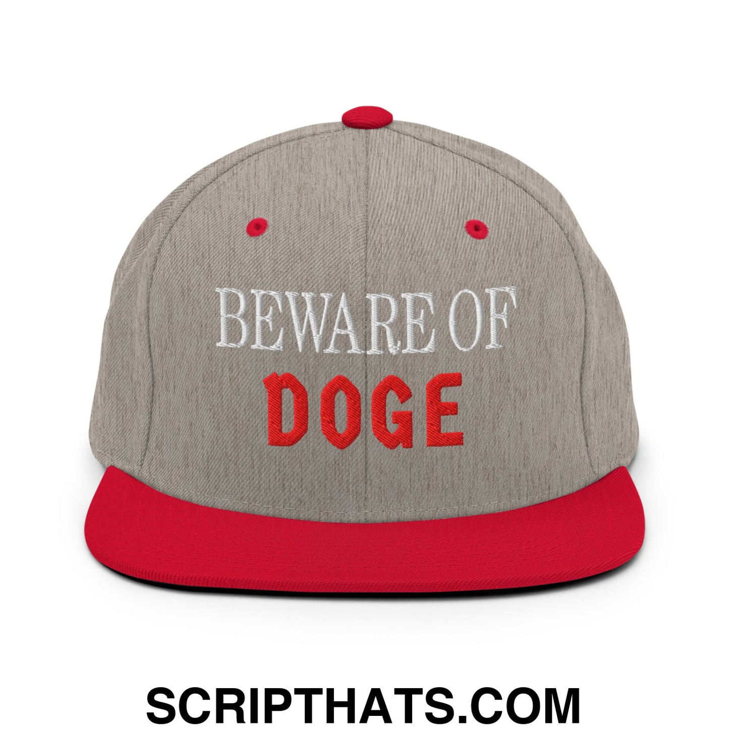 Beware of DOGE Embroidered Flat Bill Brim Snapback Hat Heather Grey Red