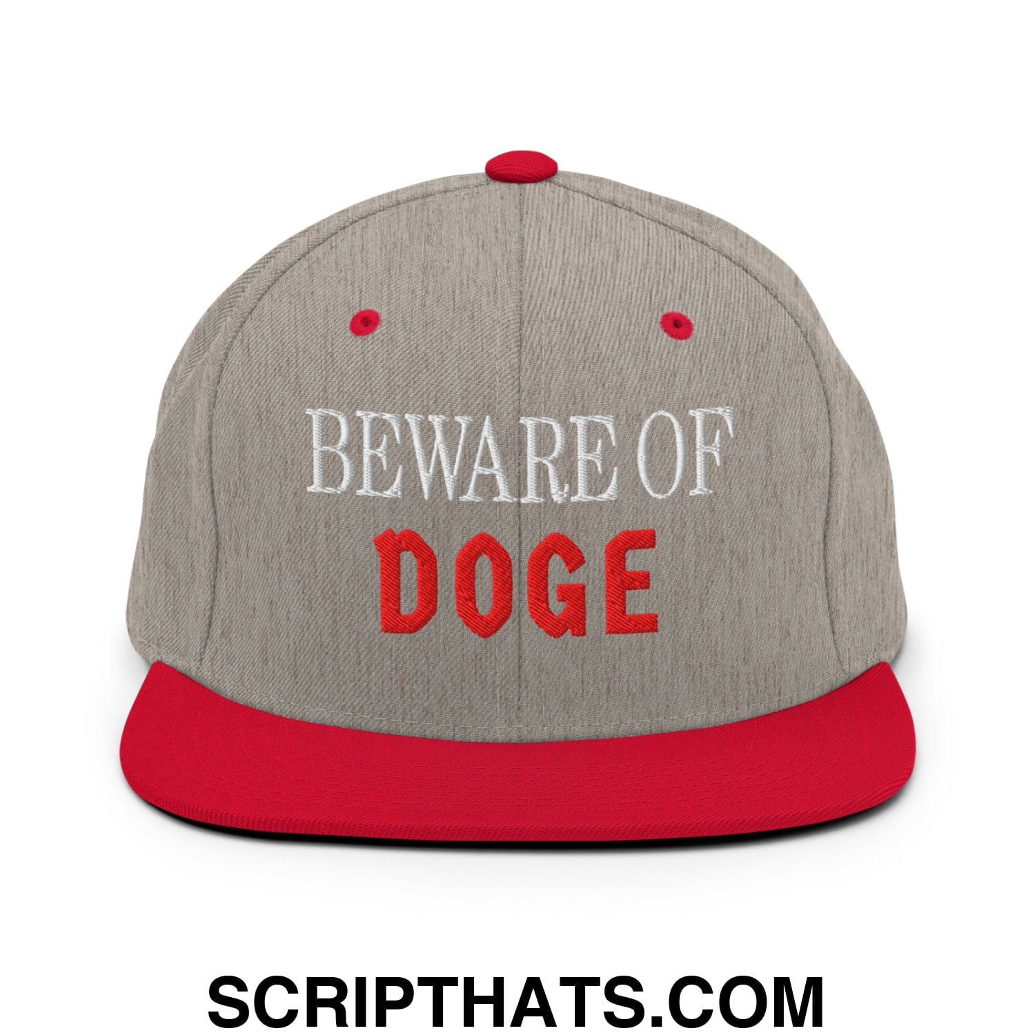 Beware of DOGE Embroidered Flat Bill Brim Snapback Hat Heather Grey Red
