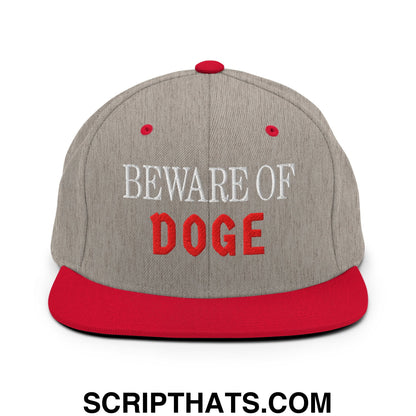 Beware of DOGE Embroidered Flat Bill Brim Snapback Hat Heather Grey Red