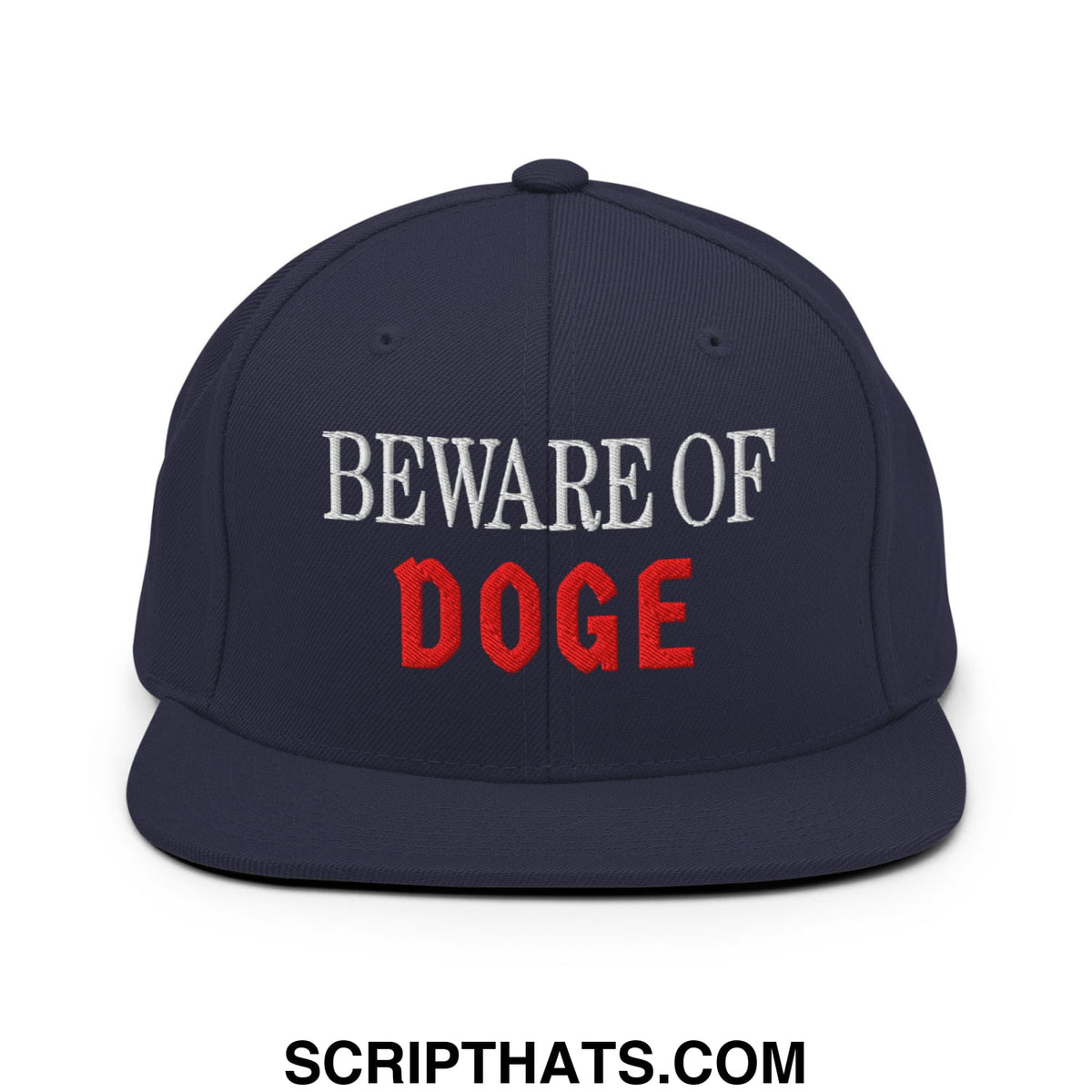 Navy blue snapback hat with beware of doge embroidered in white and red thread flat bill brim design