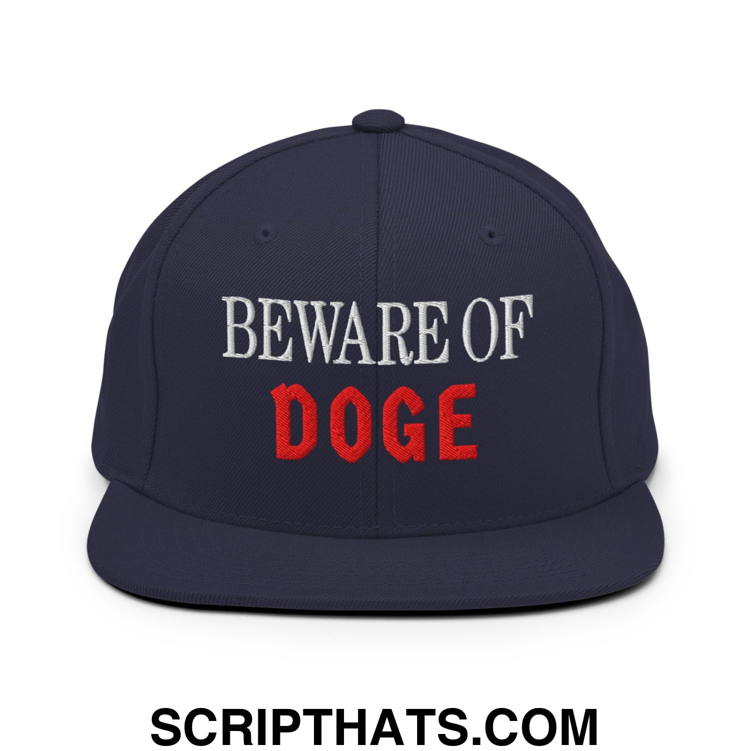 Beware of DOGE Embroidered Flat Bill Brim Snapback Hat Navy