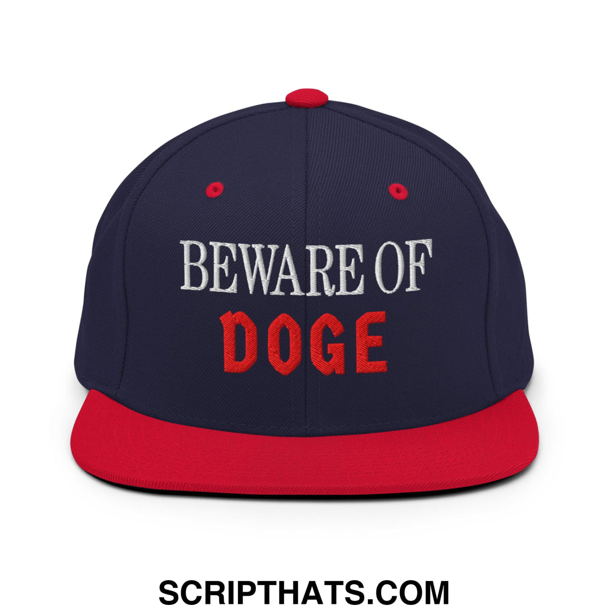 Navy blue and red snapback hat with beware of doge embroidered in white and red on flat bill brim