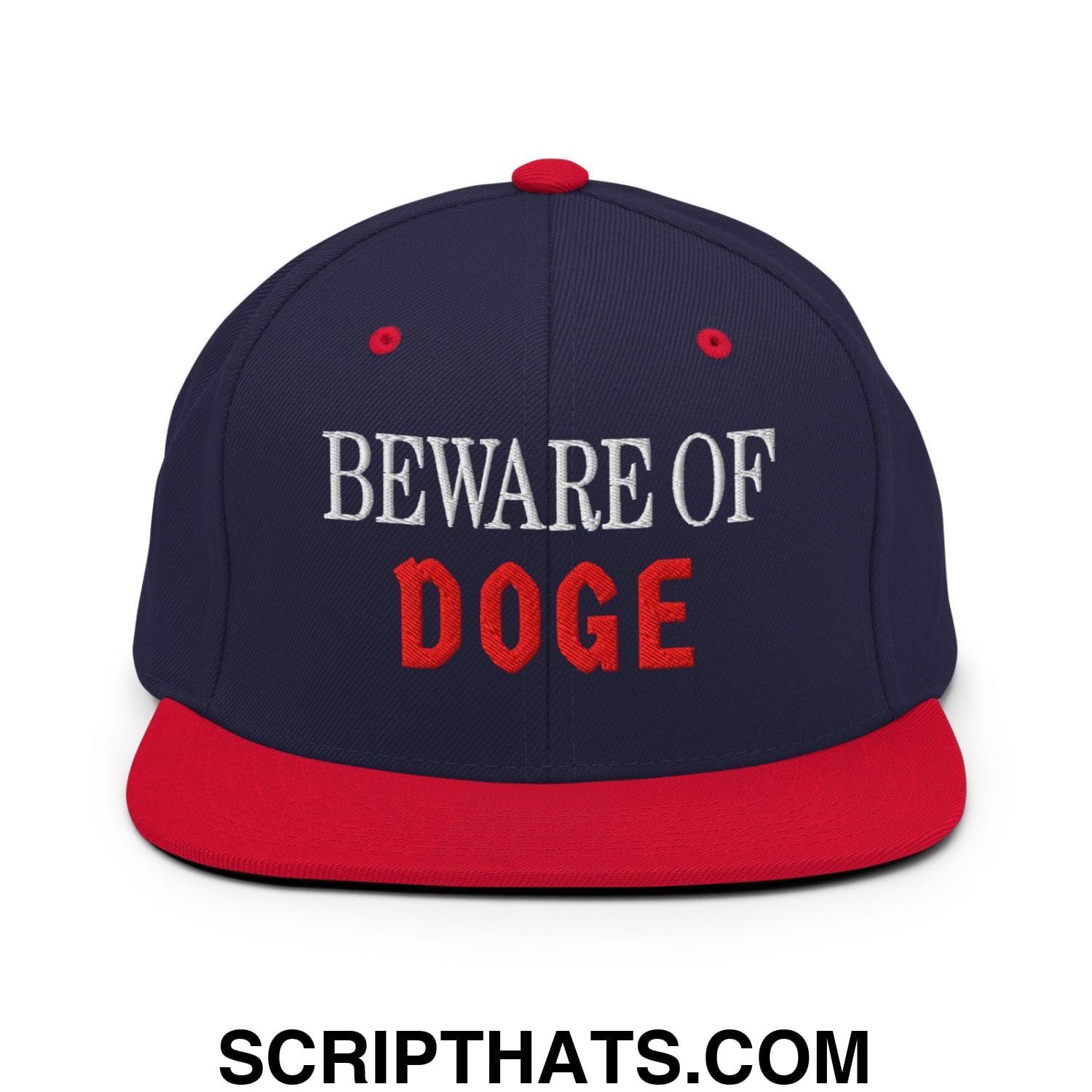 Beware of DOGE Embroidered Flat Bill Brim Snapback Hat Navy Red