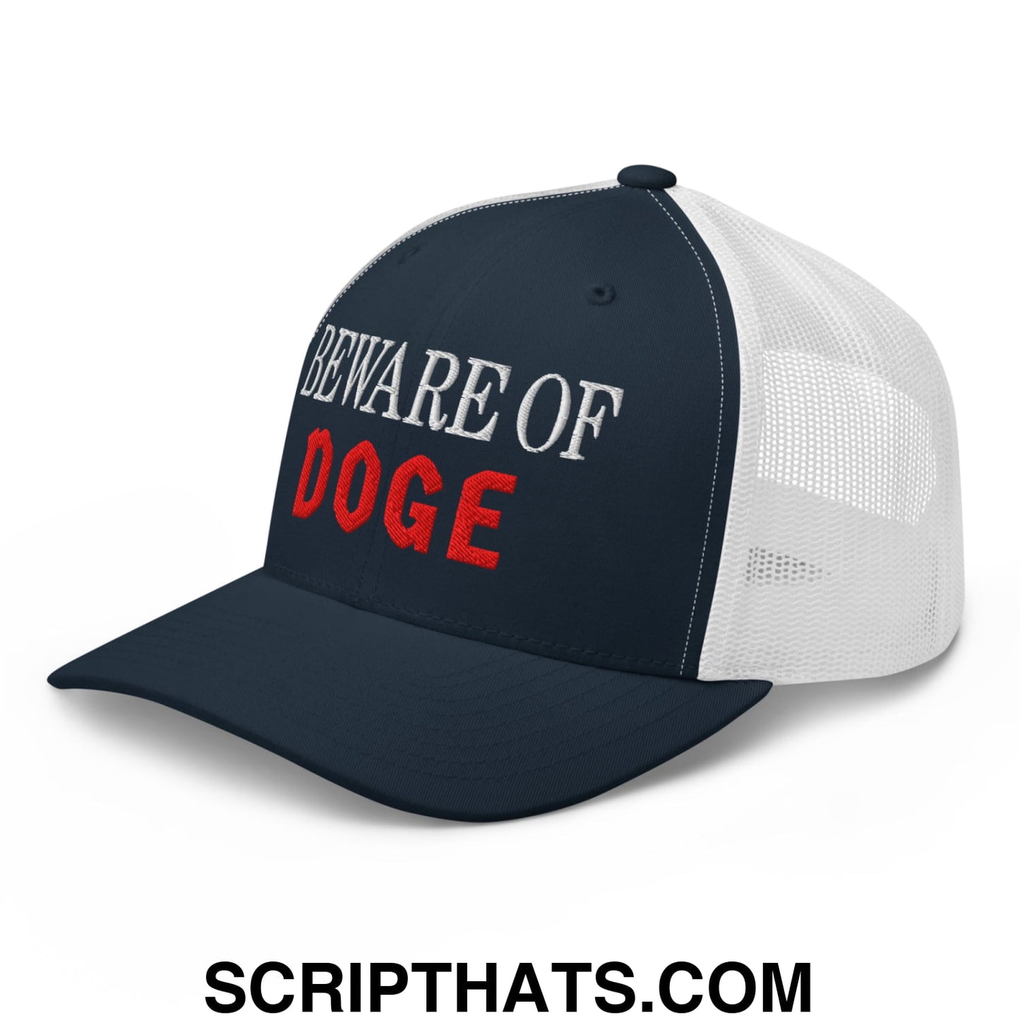 Beware of DOGE Embroidered Mesh Trucker Hat Navy White