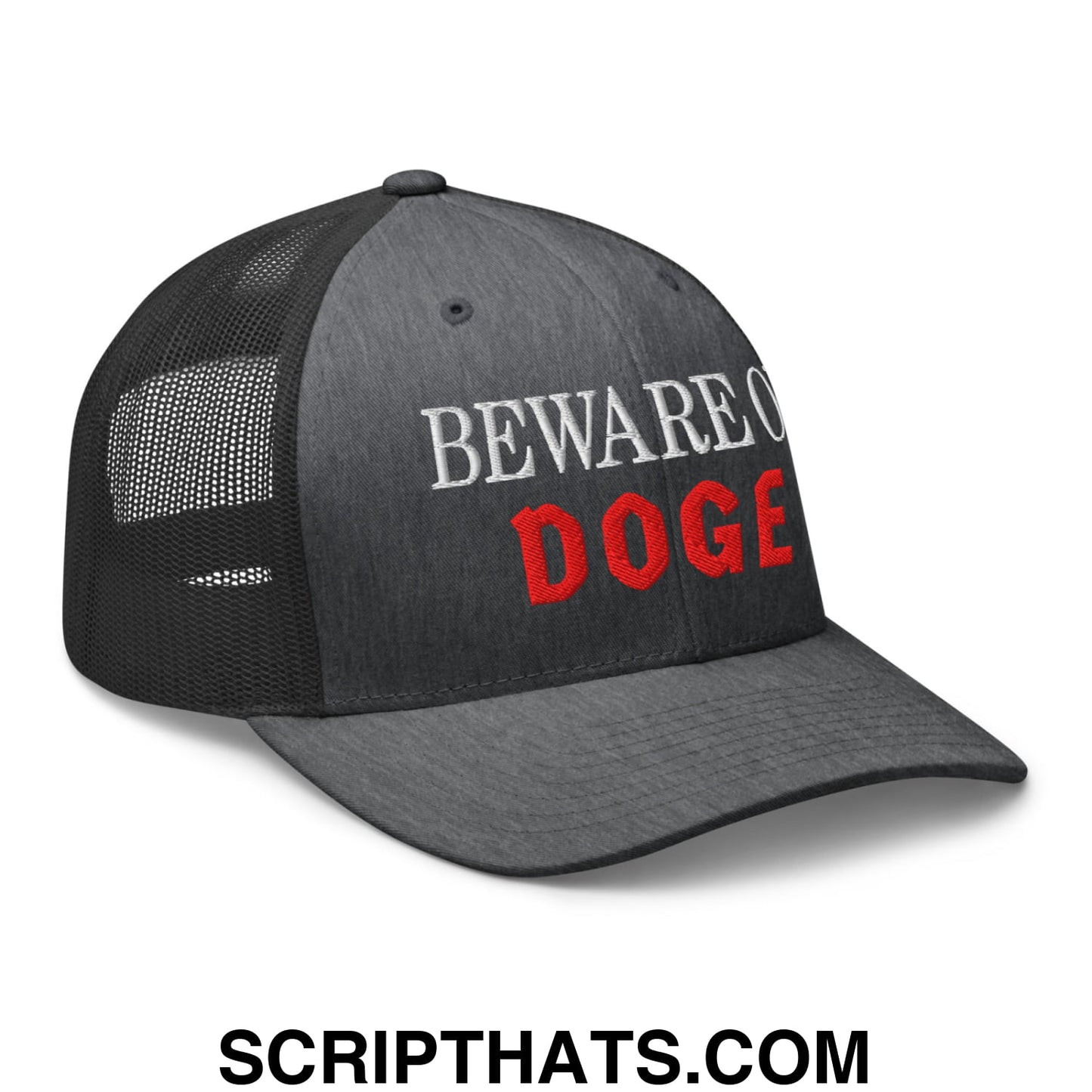 Beware of DOGE Embroidered Mesh Trucker Hat Dark Heather Gray