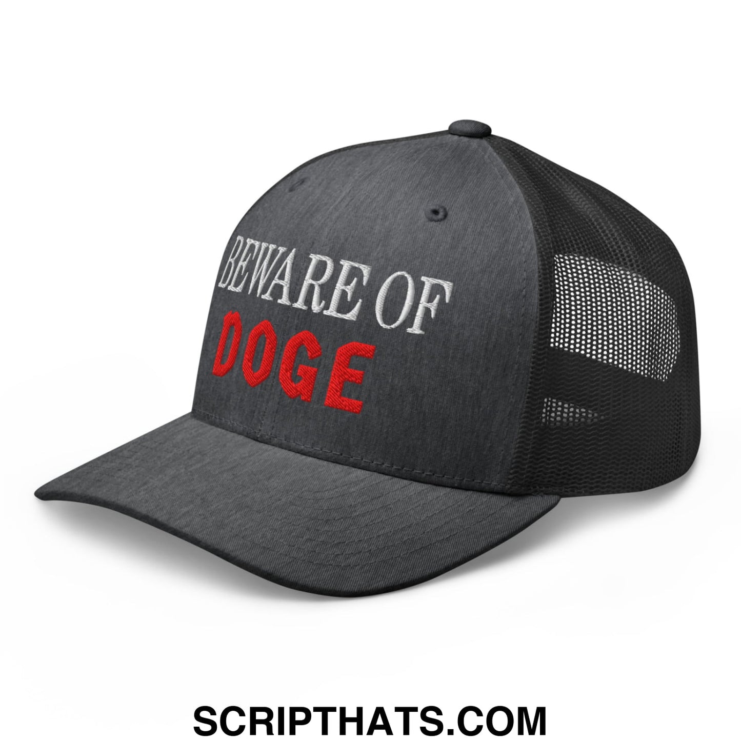 Beware of DOGE Embroidered Mesh Trucker Hat Dark Heather Gray