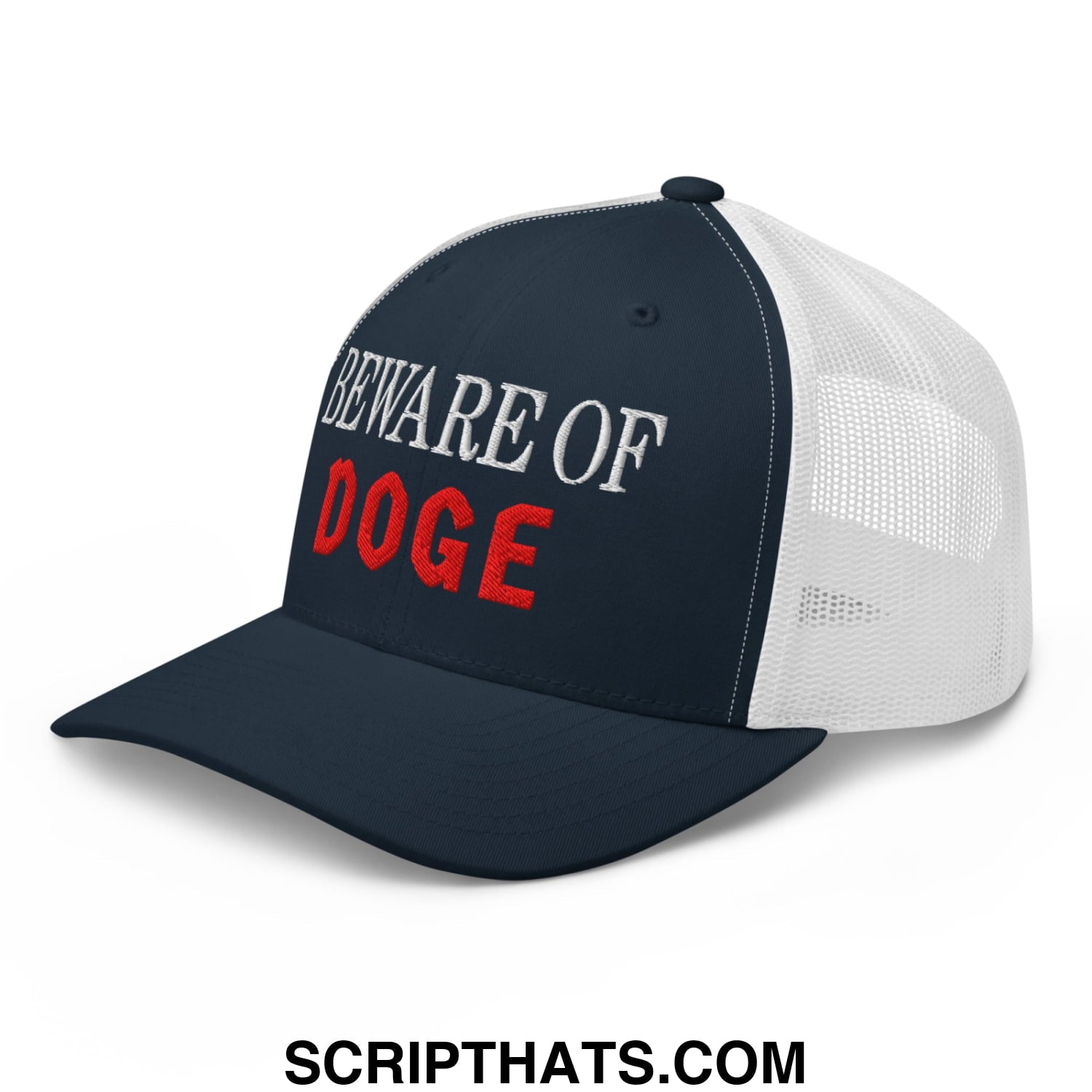 Beware of DOGE Embroidered Mesh Trucker Hat Navy White