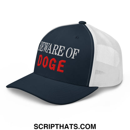 Beware of DOGE Embroidered Mesh Trucker Hat Navy White