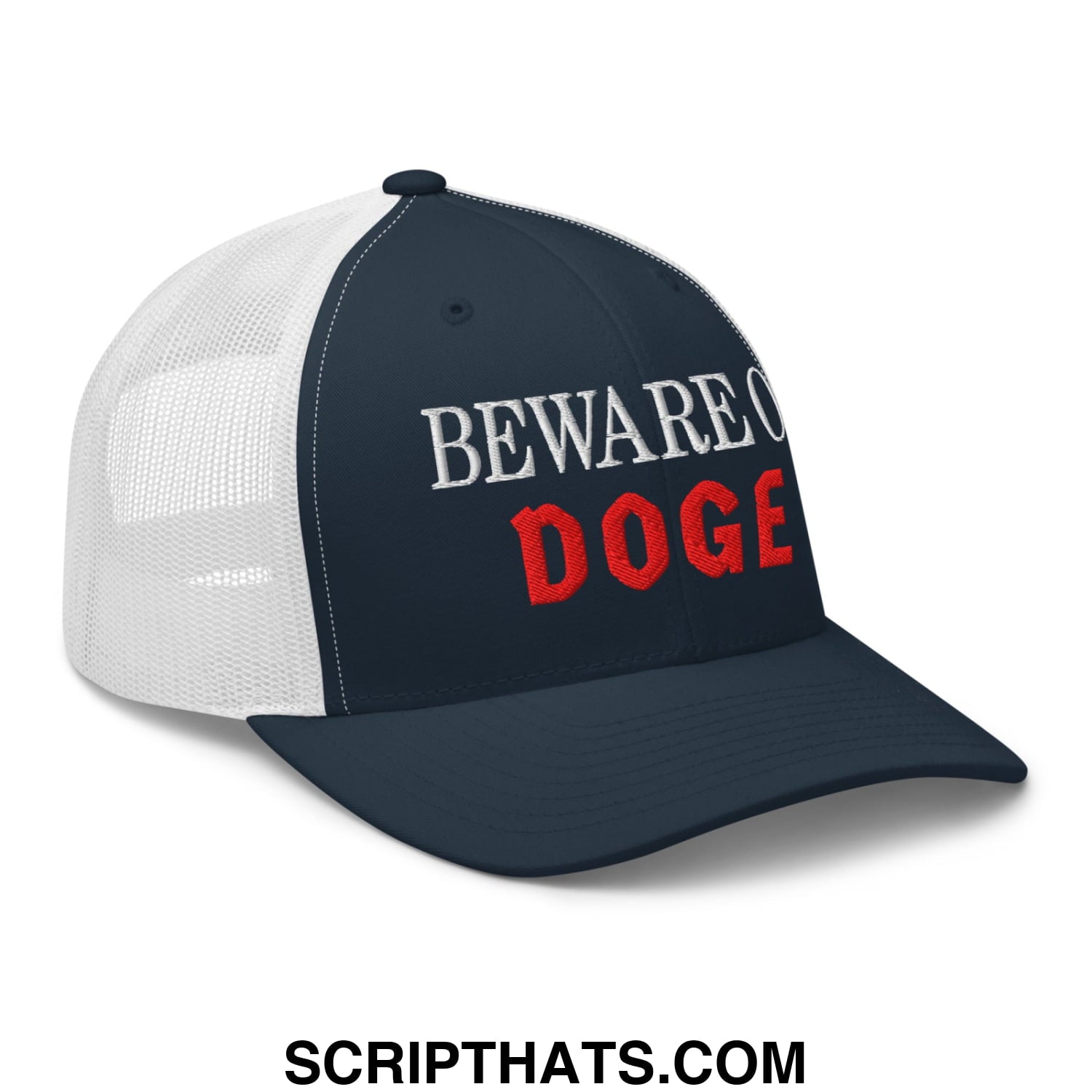 Beware of DOGE Embroidered Mesh Trucker Hat Navy White