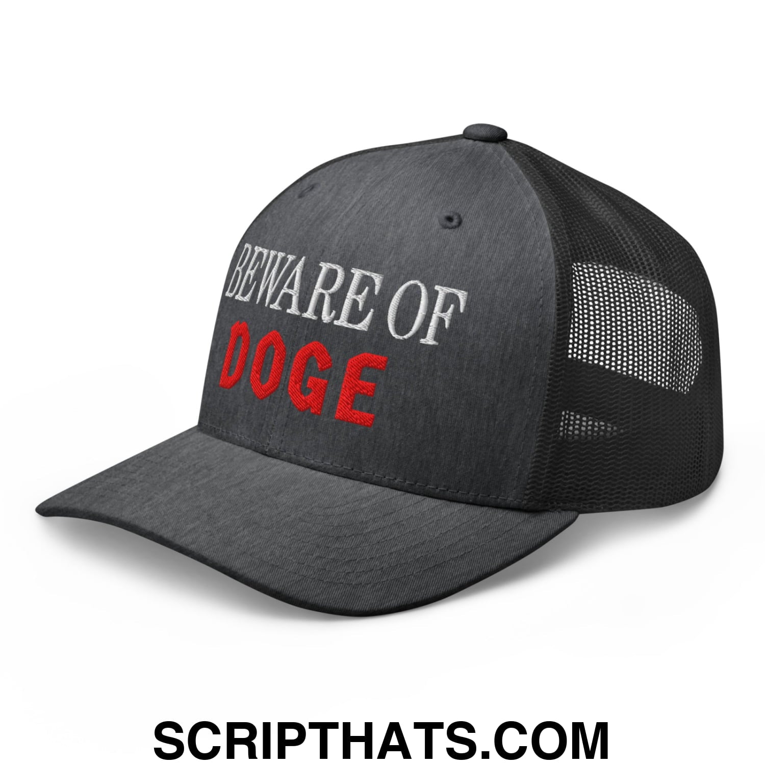 Beware of DOGE Embroidered Mesh Trucker Hat Dark Heather Gray