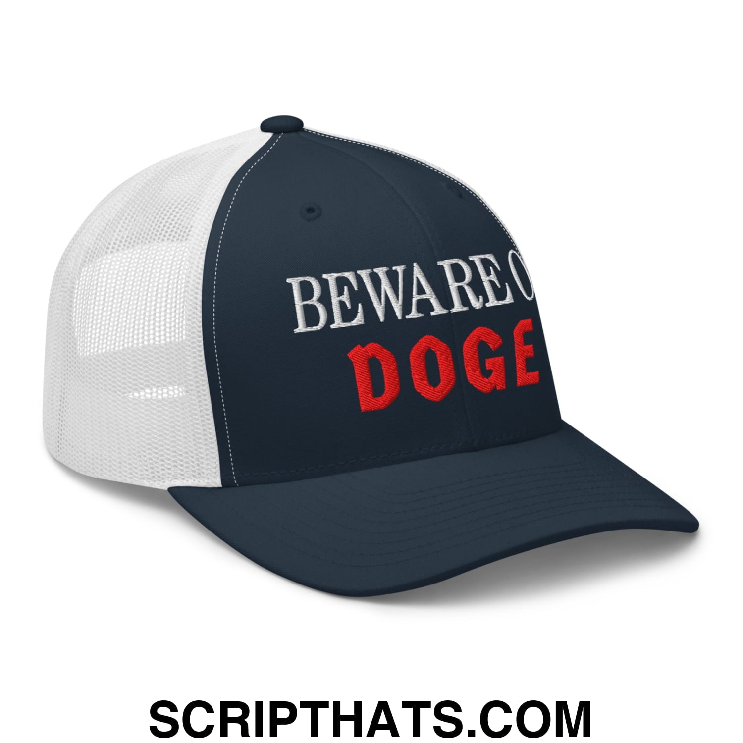 Beware of DOGE Embroidered Mesh Trucker Hat Navy White