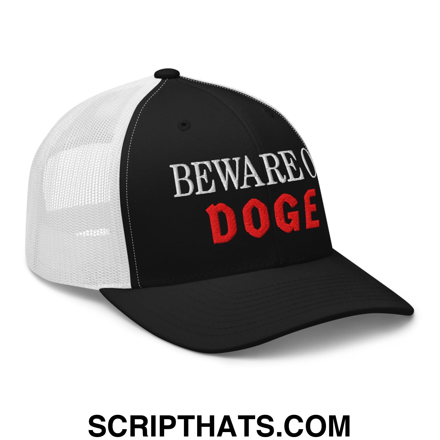Beware of DOGE Embroidered Mesh Trucker Hat Black White