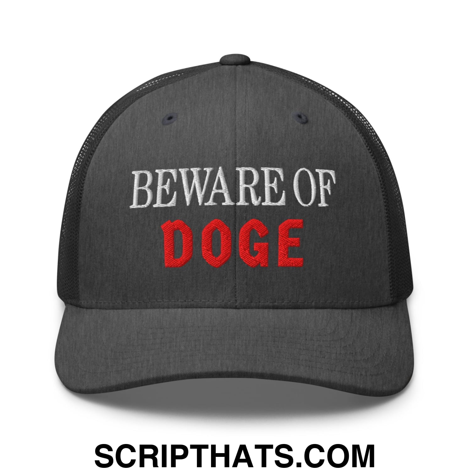 Beware of DOGE Embroidered Mesh Trucker Hat Dark Heather Gray