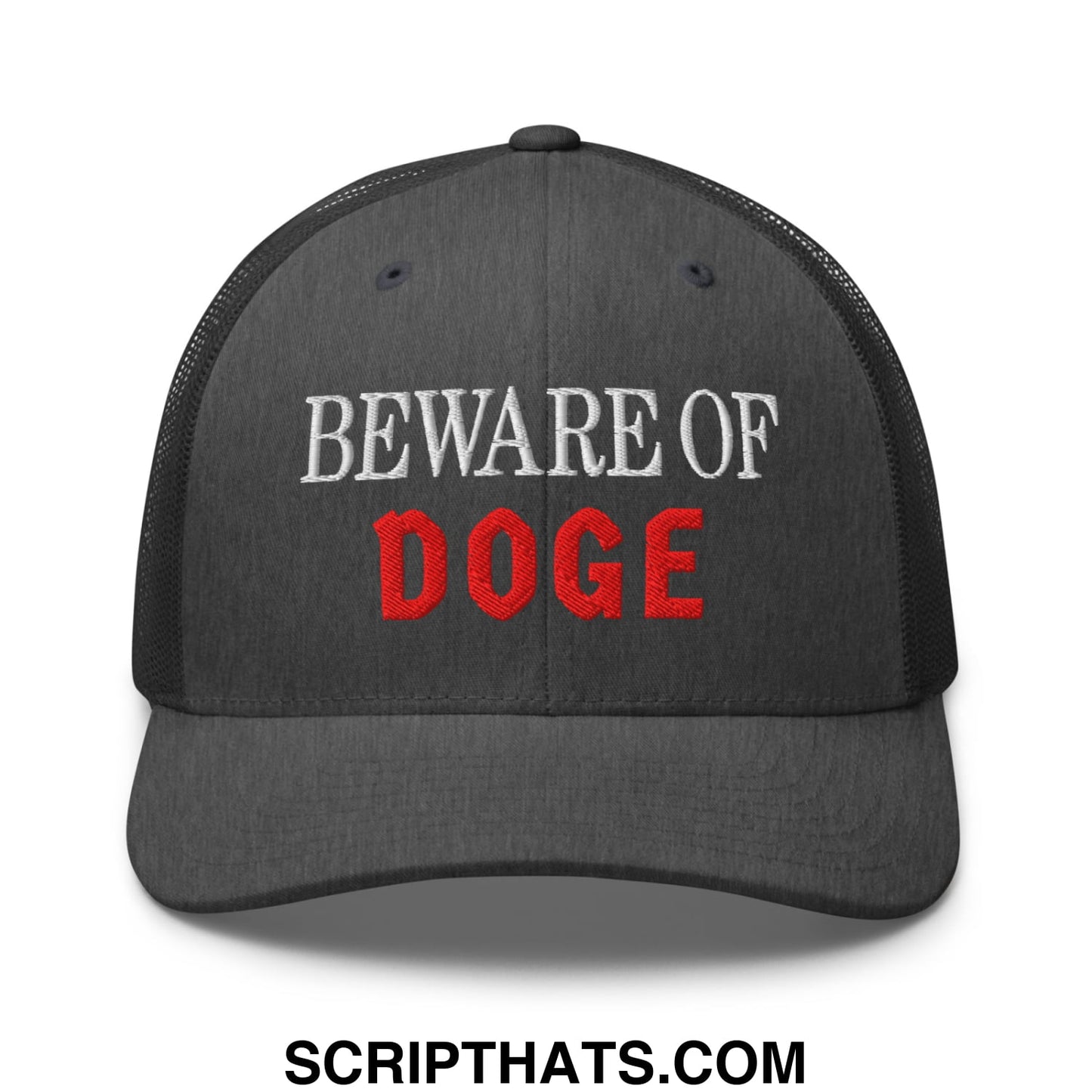 Beware of DOGE Embroidered Mesh Trucker Hat Dark Heather Gray