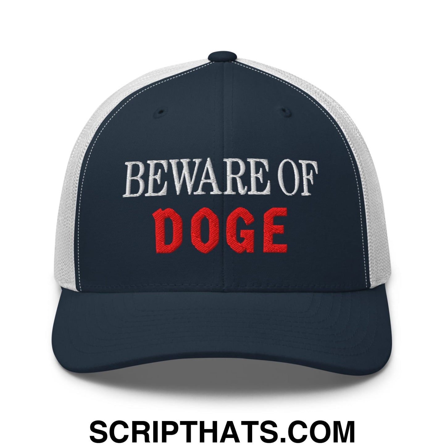 Beware of DOGE Embroidered Mesh Trucker Hat Navy White
