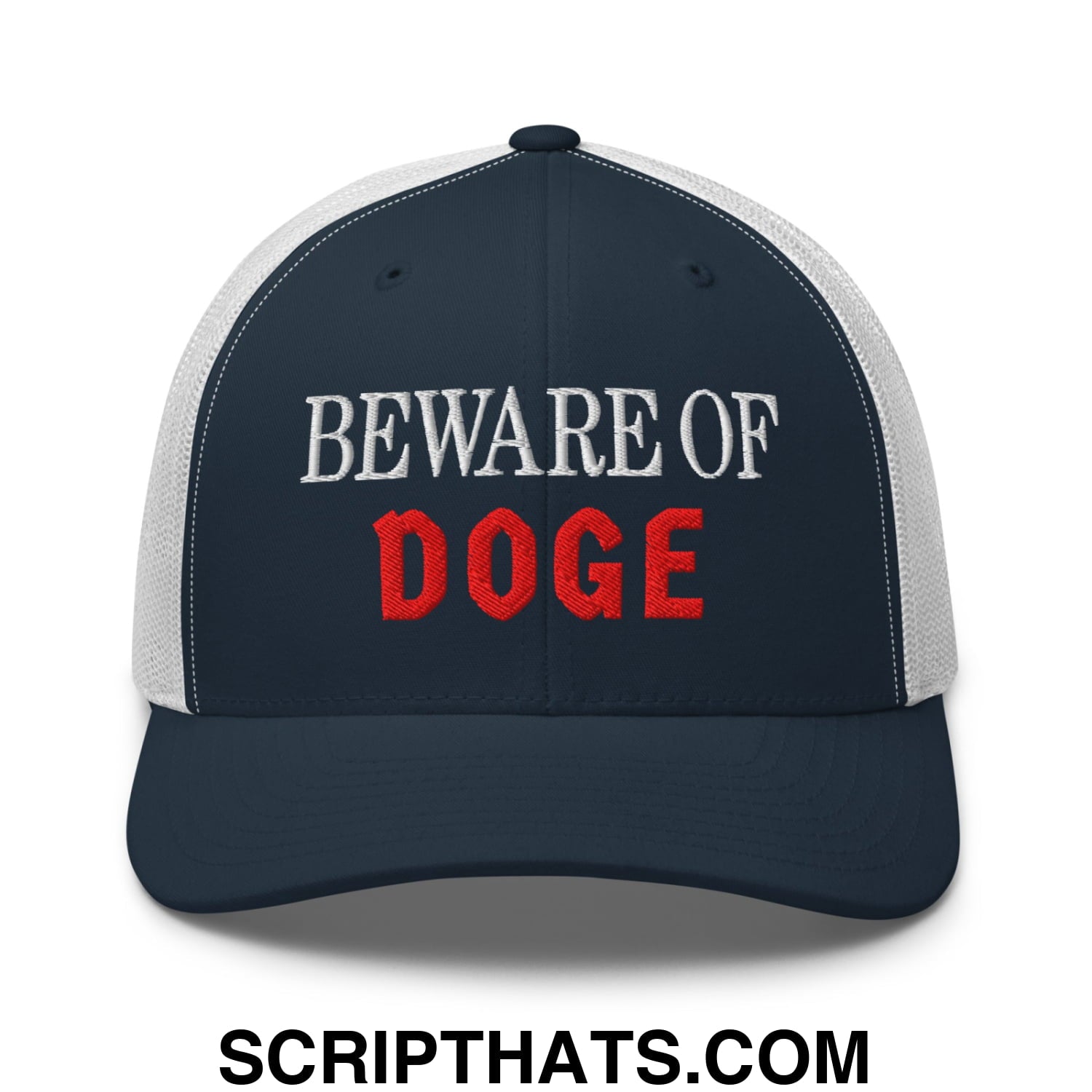 Beware of DOGE Embroidered Mesh Trucker Hat Navy White