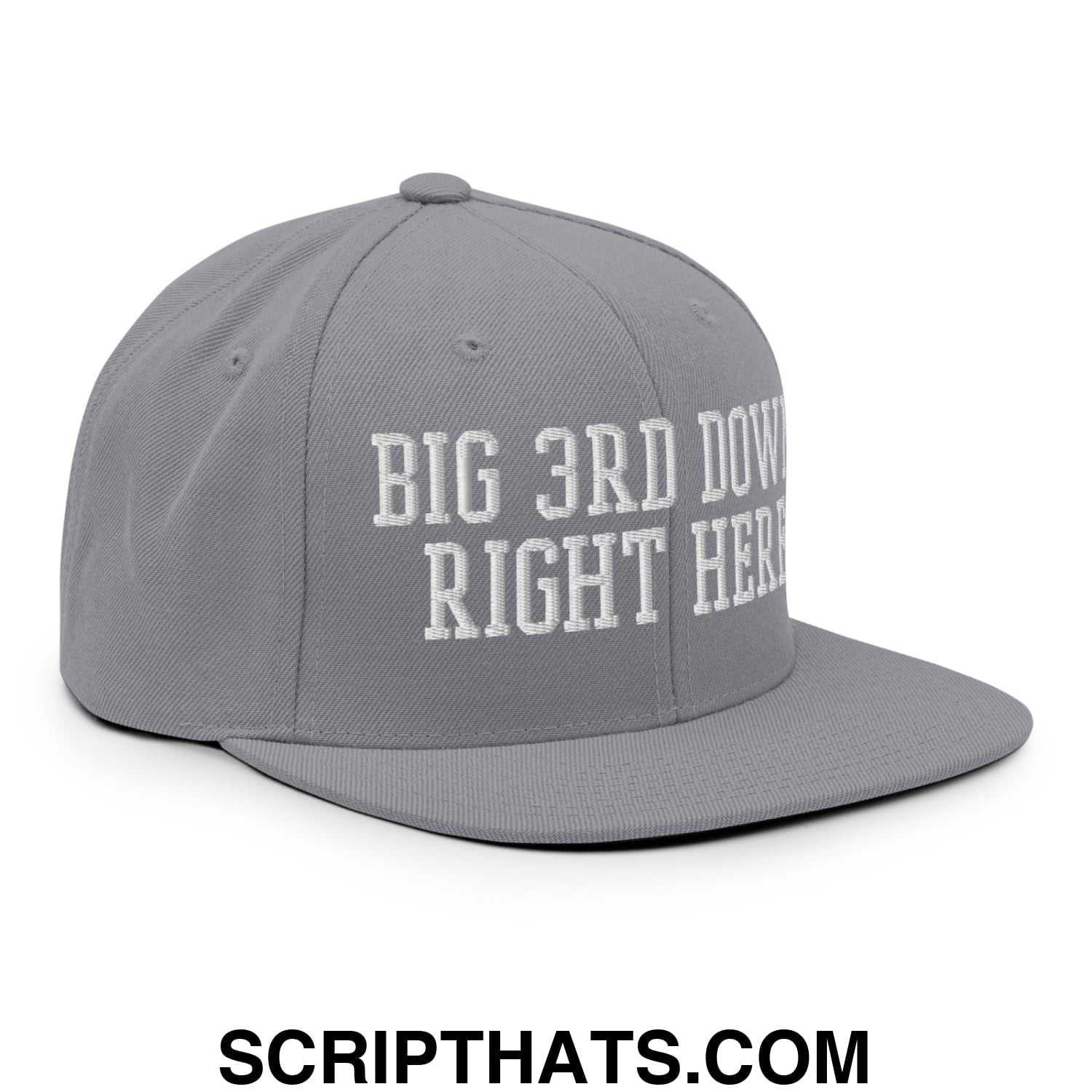 Gray flat bill brim snapback hat with white embroidered text big 3rd down right here for casual wear