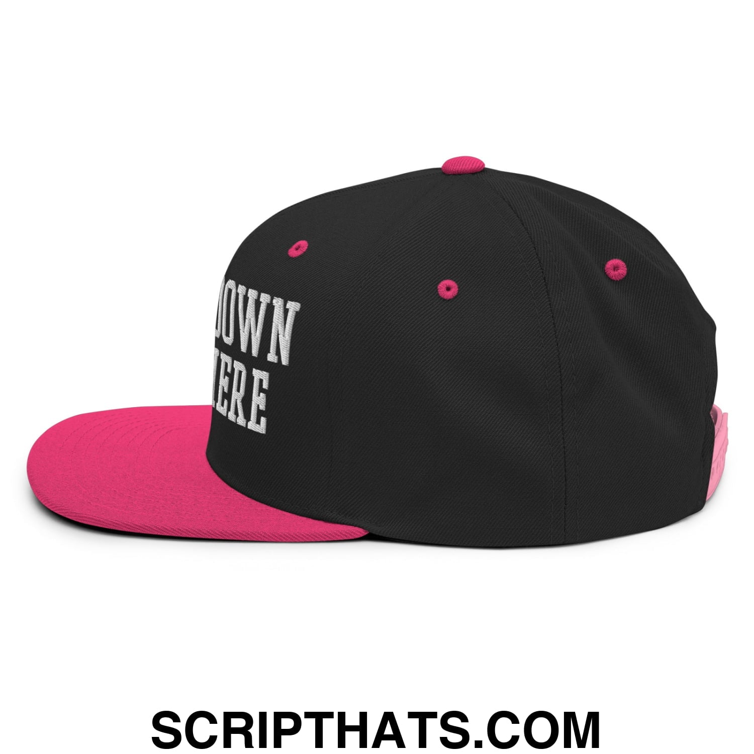 Black and pink snapback cap with white embroidered down here text and flat bill brim in big 3rd down right here style